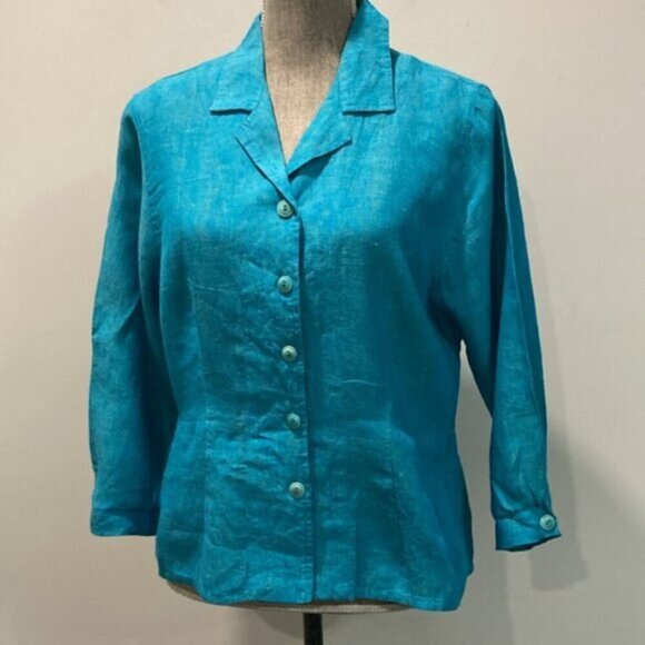 Flax Linen Long Sleeve Jacket Blue top - Picture 3 of 16